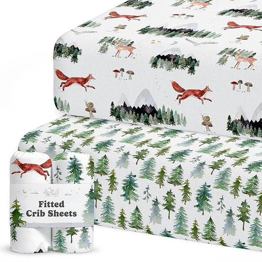 Crib Sheets Neutral - Fitted Baby Crib Sheets Bed for Girl Boy - 2 Pack Standard & Toddler Mattress (Woodland Forest Animals) - Buttery Soft Organic Cotton Blend