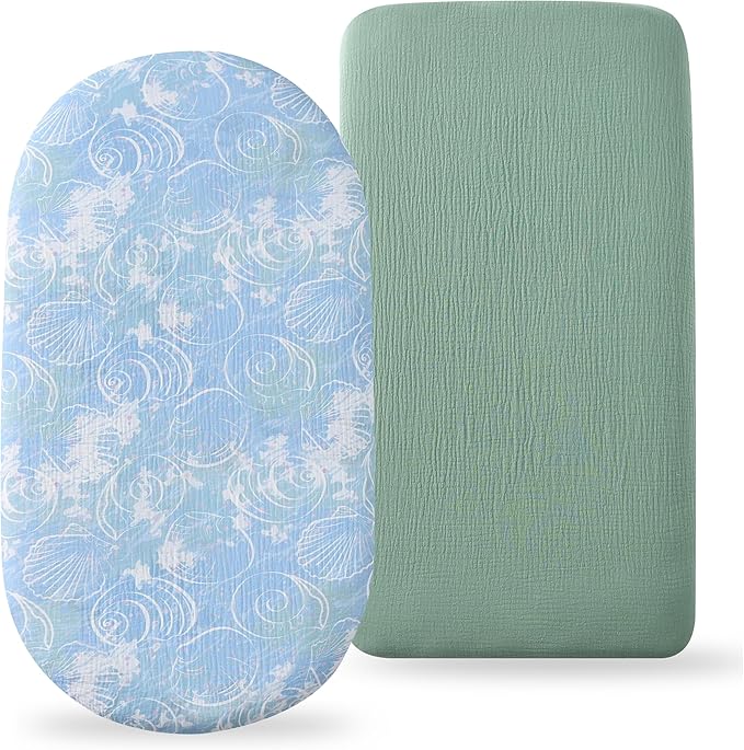Organic Cotton Muslin Bassinet Sheets, 2 Pack – Soft, Breathable, Universal Fit for Oval, Rectangle & Hourglass Mattresses, Machine Washable, Neutral Colors for Baby Boys & Girls