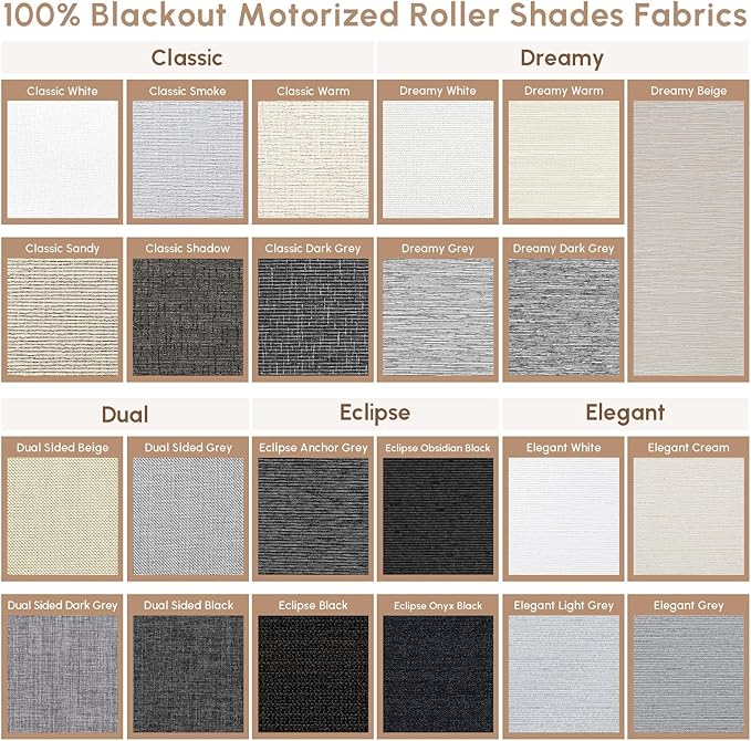 Kincmo No Drill Motorized Blinds with Remote, 100% Blackout Roller Shades for Windows, Custom Electric Blinds Compatible with Alexa, Apple Homekit, Google Home (100% Blackout - Fabric Samples)