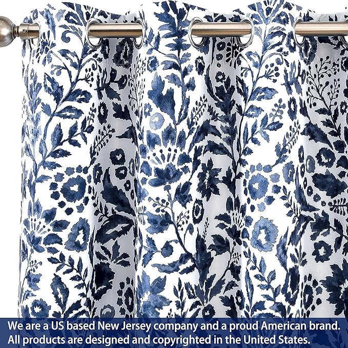 DriftAway Julia Watercolor Blackout Room Darkening Lined Thermal Insulated Energy Saving Window Curtains 2 Layers 2 Panels Each Size 52 Inch by 84 Inch Navy