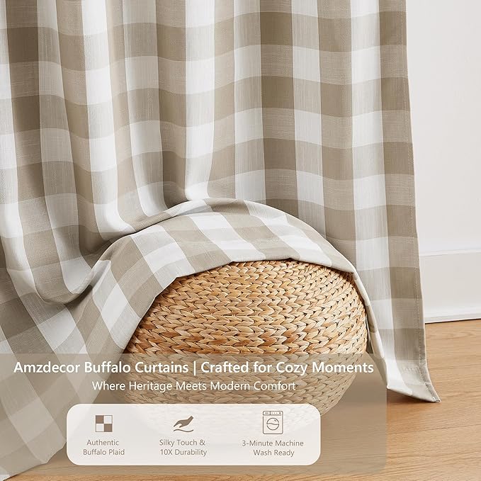 Amzdecor Buffalo Check Plaid Full Blackout Window Curtains 84 Inches Long for Bedroom Noise Reducing Total Room Darkening Grommet Drapes,Vintage Farmhouse Window Treatment,2 Panels,40"x84",Beige/White
