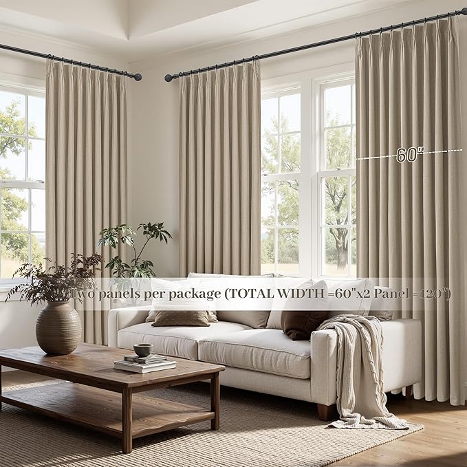 Curtains 60 Inch Length Wide Pinch Pleated Black Out Curtain 84 Inch Long for Living Room, Farmhouse GreyBeige Linen Thick Burlap Boho Bedroom Heavy Insulated Window Drapes (60"W x 84"L x 2Panels)