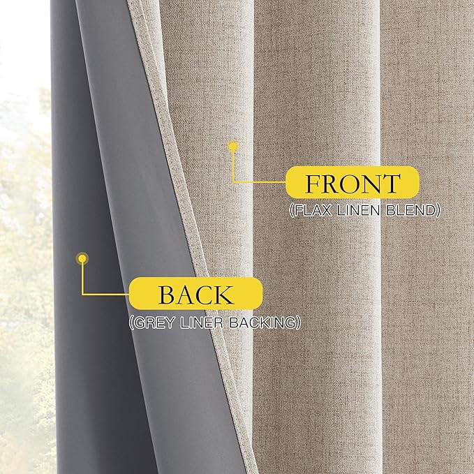 NICETOWN 100% Blackout Natural Linen Bedroom Curtains 95" Length with Thermal Insulated Liners, Farmhouse Style Room Cooling Small Window Draperies for Living Room (2 Panels, 52" W)