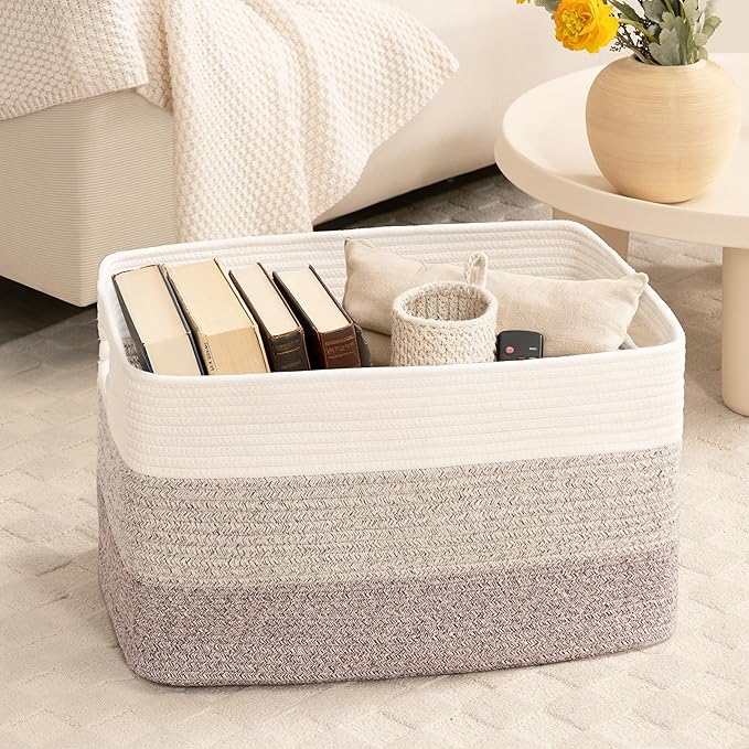 86L Extra Large Laundry Basket with Leather Handles for Living Room Storage,Woven Rope Baskets for Blanket,Kids Toy,Gifts,Wicker Hamper for Bedroom Dirty Clothes,24"x16"x14"Gradient Brown