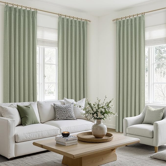 Sage Green Blackout Linen Curtains 102 Inches Long for Living Room Bedroom, Pinch Pleated Boho Light Drapes Viral Window Curtain with Pinch Pleat Clips Thermal Insulated (40"Wx102"Lx2Panels Sage)
