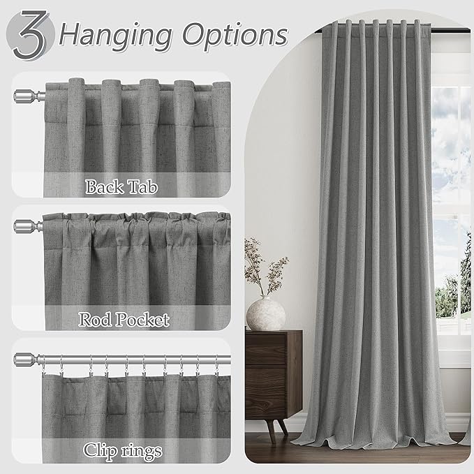 Guken 100% Blackout Linen Curtains 63 Inch Length 2 Panels Set for Living Room Bedroom Back Tab Thermal Insulated Black Out Linen Drapes Room Darkening Window Curtains,Dark Grey
