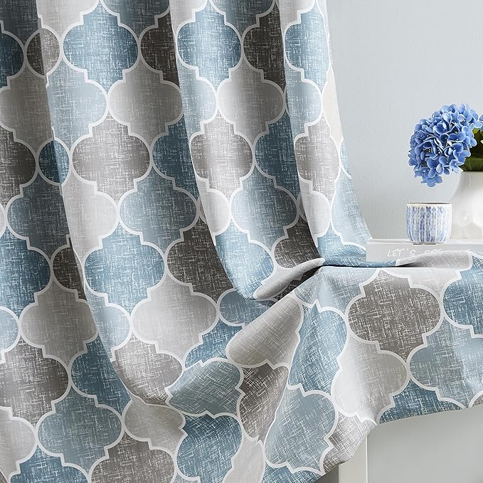 Moroccan 100% Blackout Curtains 63 Inches Long for Bedroom Gray Blue Geo Lattice Window Curtain Panels Room Darkening Thermal Insulated Noise Reducing Grommet Top Drapes, 52" W, 2panels