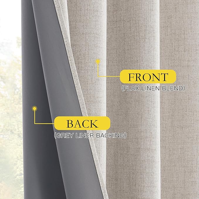 NICETOWN 100% Blackout Brich Linen Curtains for Dingning Room 90 inches Long, Thermal Insulated Window Treatments with Privacy Liner, 2 Panels, 52" W, Noise Reducing Blend Drapes for Living Room
