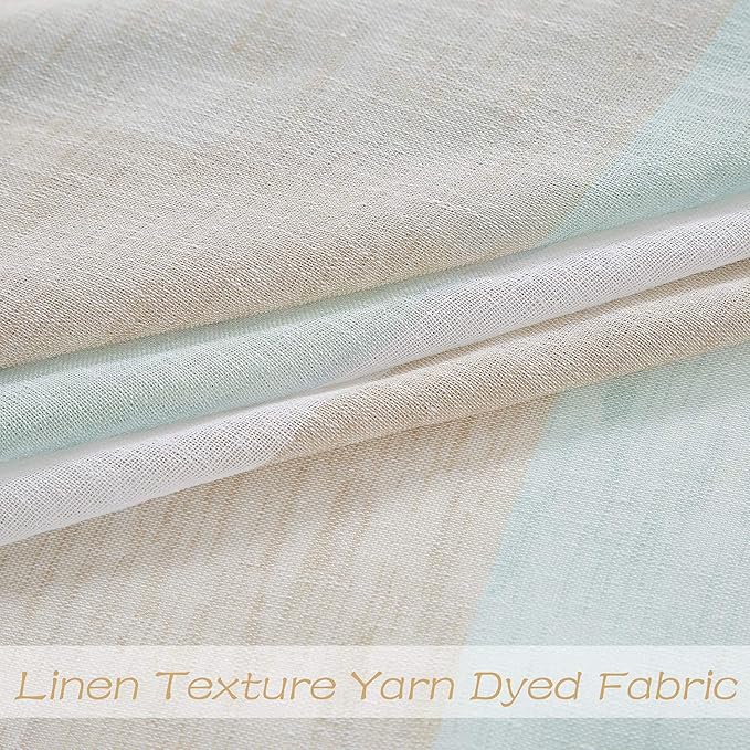Central Park Tan and Spa Blue Stripe Sheer Color Block Window Curtain Panel Linen Window Treatment for Bedroom Living Room Farmhouse 95 inches Long Rod Pocket, 2 Panel Rustic Drapes, 40"x95"x2