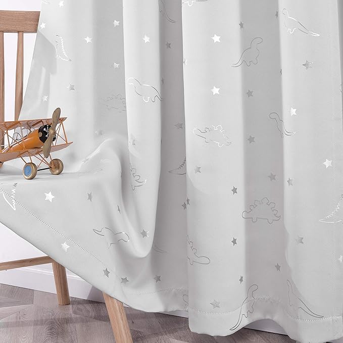 LORDTEX Dinosaur and Star Foil Print Blackout Curtains for Kids Room - Thermal Insulated Curtains Noise Reducing Window Drapes for Boys and Girls Bedroom, 42 x 63 Inch, White, Set of 2 Panels
