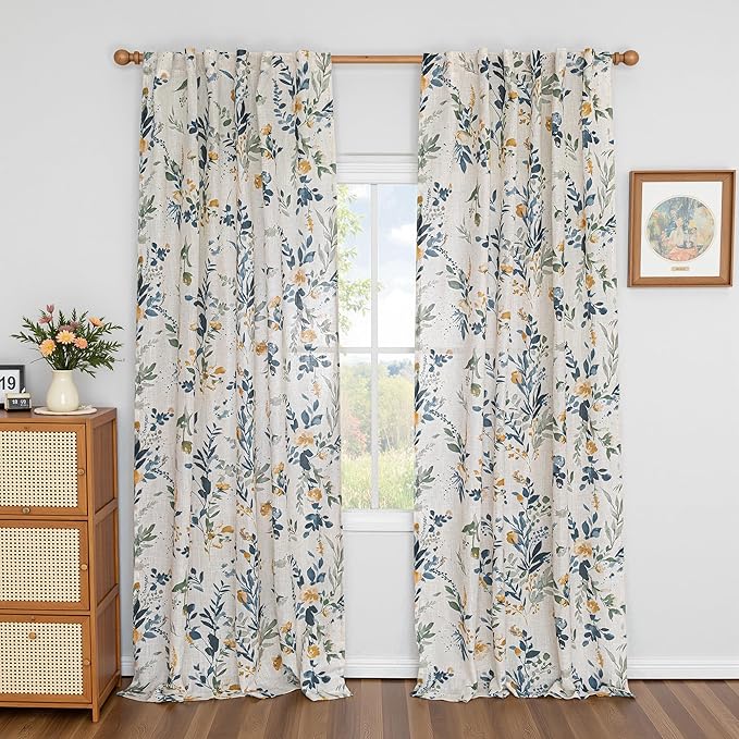 MYSKY HOME Floral Linen Curtains 90 inch Length 2 Panels Set - Light Filtering Semi Sheer Protect Privacy Farmhouse Patterned French Drapes Back Tab for Living/Dining Room, 50" W, Yellow and Blue
