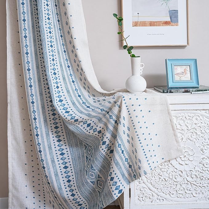 MYSKY HOME Boho Sheer Curtains Linen Look 95 inches Long for Dining Room Bohemian Geometric Striped Style Farmhouse Home Decor Light Filtering Privacy Back Tab Drapes, 50'' Wide, Blue, 2 Pcs