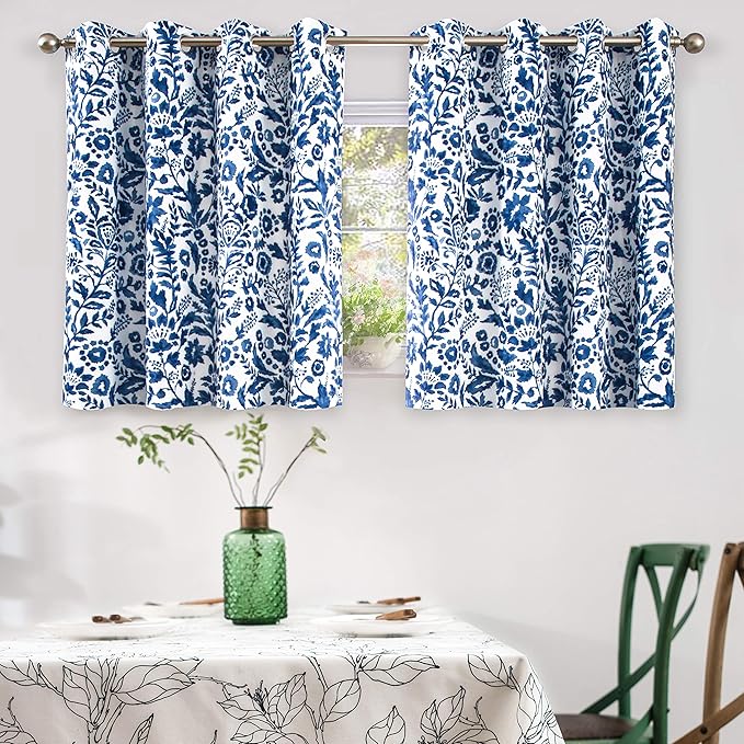 DriftAway Julia Watercolor Blackout Room Darkening Lined Thermal Insulated Energy Saving Window Curtains 2 Layers 2 Panels Each Size 52 Inch by 36 Inch Navy