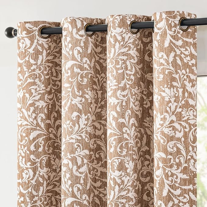 jinchan Blackout Curtains for Bedroom, Warm Taupe Scroll Floral Patterned Curtains 96 Inch Length for Living Room, Farmhouse Vintage Art Deco Drapes, Thermal Insulated Window Curtains Grommet 2 Panels