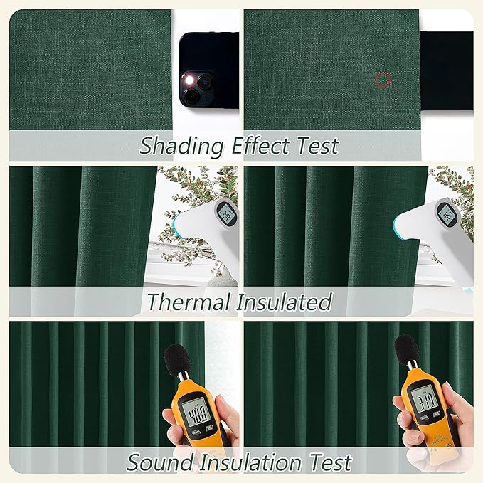 Guken Dark Green 100% Blackout Curtains 80 Inch Length 2 Panels Set for Living Room Bedroom Back Tab Thermal Insulated Black Out Linen Drapes Decor 52x80 Long