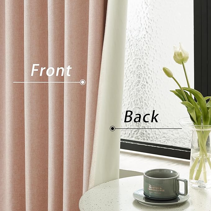 DUALIFE 90 Inch Blackout Baby Pink Curtains Boho, Thermal Insulated Curtains for Summer Heat for Bedroom Living Room Linen Pleated Drapes 90 Inches Long Rod Pocket(50W x 90L x 2 Panels)