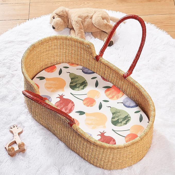 TILLYOU Baby Bassinet Sheets for Girls Boys 2 Pack Baby Sheets for Square Rectangle Oval Bassinet Mattress 33X16 Inch, Fruit Shadow & Orangish