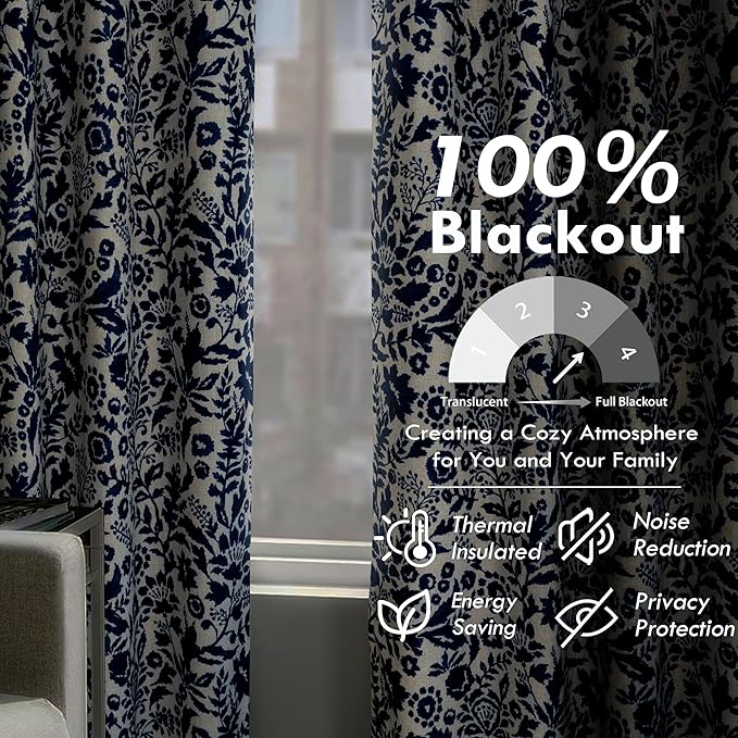 DriftAway Julia Watercolor Blackout Room Darkening Lined Thermal Insulated Energy Saving Window Curtains 2 Layers 2 Panels Each Size 52 Inch by 108 Inch Linen Navy