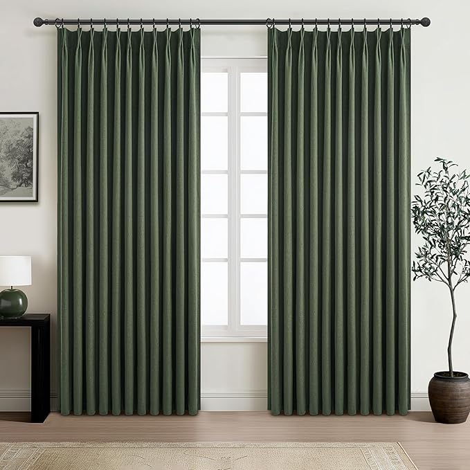 Curtains 70 Inch Length Extra Wide Pinch Pleated Blackout Curtain for Sliding Glass Door/Living Room, Farmhouse Olive Green Thick Heavy Duty Insulated Large Window Drapes (70"Wx90"Lx2Panels Loden)