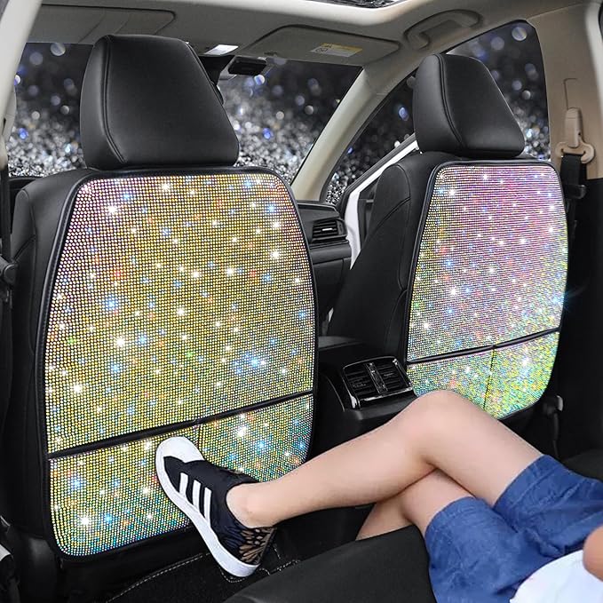 Diamond Bling Car Seat Kick Protectors with Storage – Sparkly Rhinestone Kick Mats, Universal Back Seat Cover for SUV, Crystal Auto Accessories for Stylish Moms Color 2pcs
