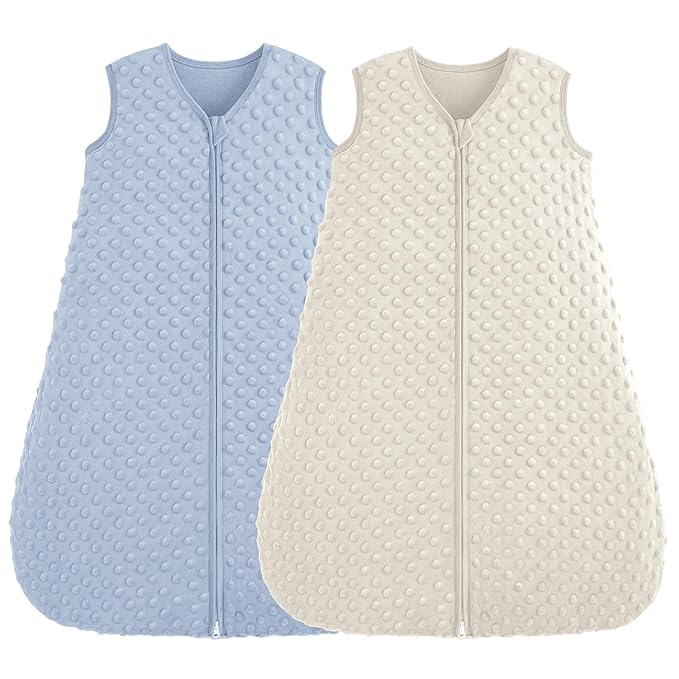 FIEMOL Fleece Baby Sleep Sack 18-24 Months, 1.5 TOG Cotton Baby Wearable Blanket With Soft Plush Dots, 2 Pack Toddler and Infant Warm Sleeping Sack with 2-Way Zipper Blue&Apricot