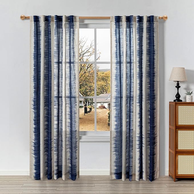 MYSKY HOME Curtains 84 Inches Long 2 Panel Sets for Living Room Bedroom Semi Sheer Curtains Farmhouse Style Drapes for Dining Room Soft Touch Classic Lines Modern Design, 50" Wide, Navy Blue, 2 PCs
