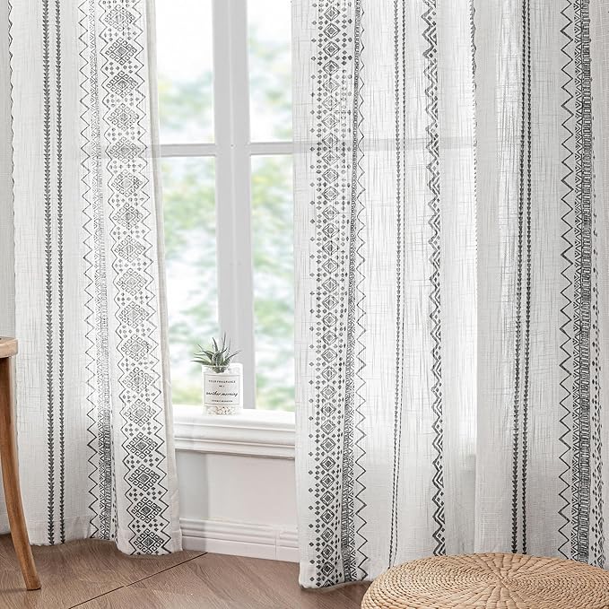 MEETSKY Boho Curtains 84 Inches Long for Living Room Bohemian Geometric Printed Linen Style Curtains Light Filtering Rod Pocket Window Back Tab Cotton Drape for Dining Room 2 Panels