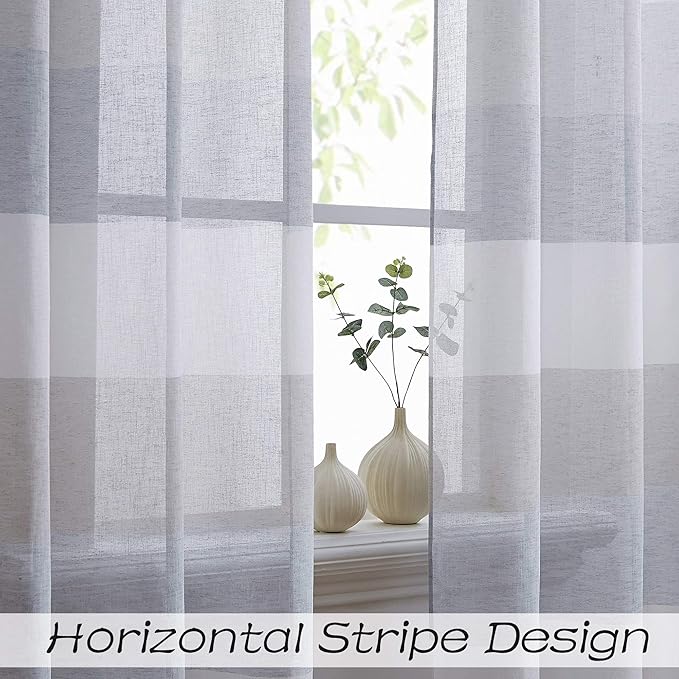 Central Park Gray and Smoke Blue Stripe Sheer Color Block Window Curtain Panel Linen Window Treatment for Bedroom Living Room Farmhouse 108 inches Long with Grommets, 2 Panel Rustic Drapes