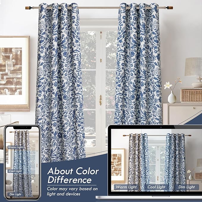 DriftAway Julia Watercolor Blackout Room Darkening Lined Thermal Insulated Energy Saving Window Curtains 2 Layers 2 Panels Each Size 52 Inch by 96 Inch Linen Navy