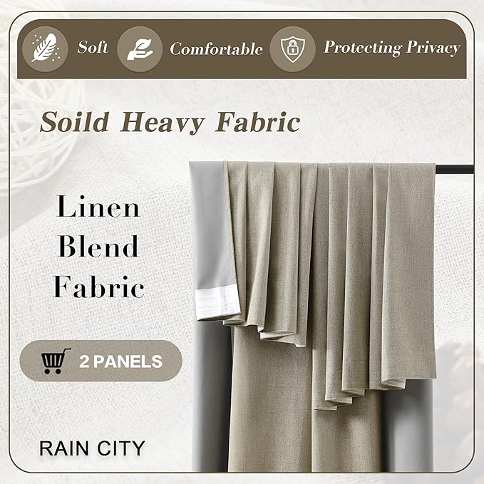 RAIN CITY Blackout Taupe Curtains 92 Inch Long for Bedroom Living Room Linen Textured Farmhouse Room Darkening/Thermal/Noise Reduction Window Treatment Drapes with Hooks 2 Panels, 2x50Wx92L in