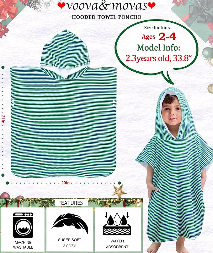 VOOVA & MOVAS Double-Layered Baby Hooded Towel Poncho (2-4 Years, 20x21 Inches) | Ultra Soft & Absorbent Cotton | Thick Toddler Bath Towel for Swimming, Beach, Shower & Winter,Green Stripe