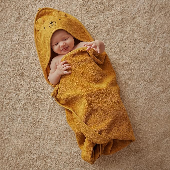 Baby Hooded Towel – Organic Cotton Baby Bath Towels, 32" x 32" Super-Soft and Absorbent Baby Towels for Newborn 2-Pack (Grey/Yellow)