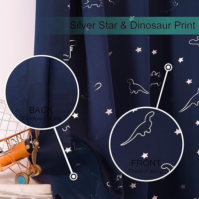 LORDTEX Dinosaur and Star Foil Print Blackout Curtains for Kids Room - Thermal Insulated Curtains Noise Reducing Window Drapes for Boys and Girls Bedroom, 52 x 45 Inch, Navy, Set of 2 Panels