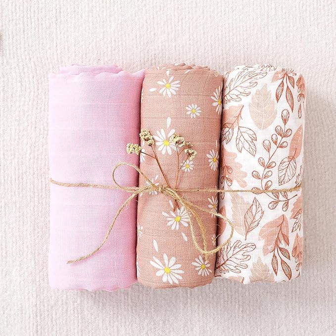 Happy Flute 3 Set Muslin Swaddle Blankets,Essential Baby&Newborn Swaddling,Perfect for Boys&Girls,Receiving Blankets,Nursing,Stroller Cover,Large 47.2x43.3 inches Swaddle Wrap Burping Clothes. (Pink)