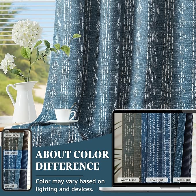 jinchan 95% Blackout Boho Curtains 90 Inches Long for Bedroom White on Blue Geometric Printed Grommet Top Room Darkening Thermal Insulated Retro Drapes 2 Panels