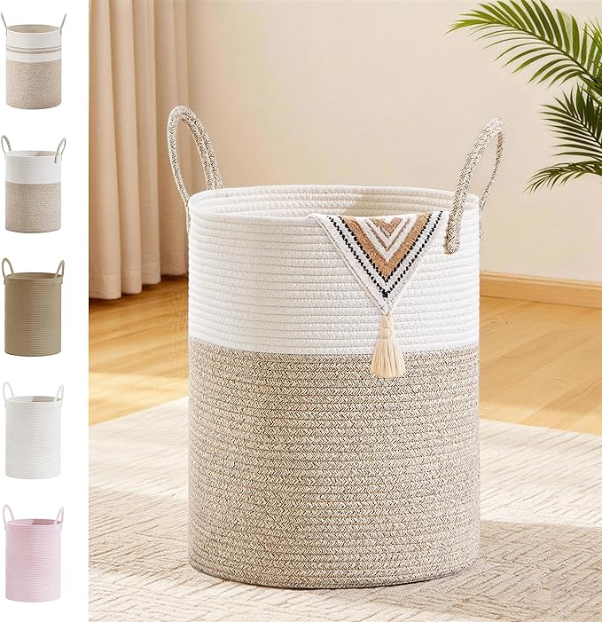 Tall Laundry Basket with Handles, 53L Portable Dirty Clothes Hamper, Boho Cotton Rope Storage Bin for Blankets Kids Toys Gifts, Decorative Organizer for Baby Nursery Bedroom Bathroom, Brown