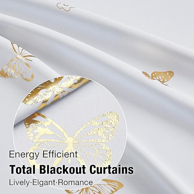 Jubilantex Metallic Butterfly Blackout Curtains 95" Long for Kids Bedroom White Gold Print Floral Butterfly Curtains with Black Layer,Grommet Top