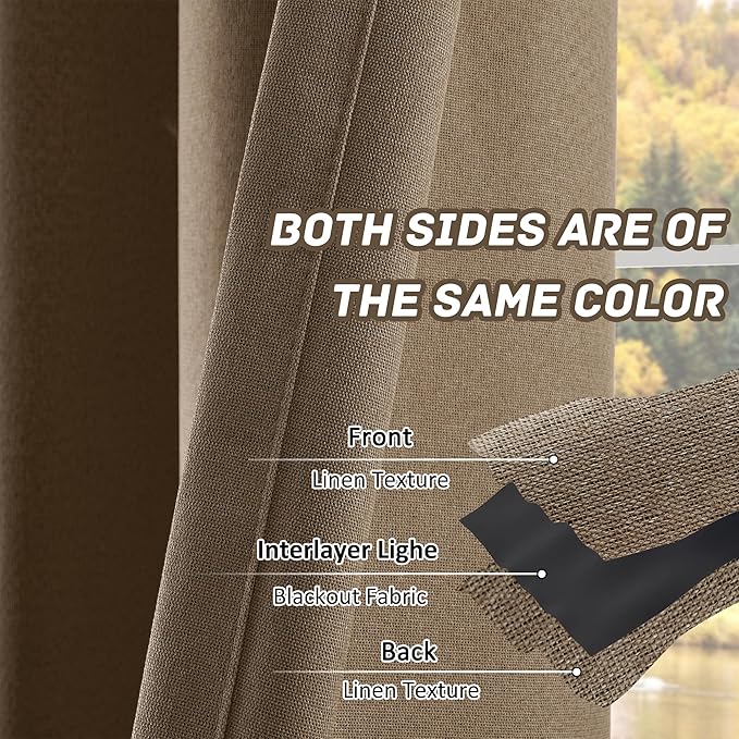 100% Blackout Linen Textured Curtains 108 Inch Length 2 Panels Set for Living Room, Bedroom, Light Weight Curtains with Grommets Top, Full Blackout Curtains Privacy Protection, Brown, 52" W x 108" L