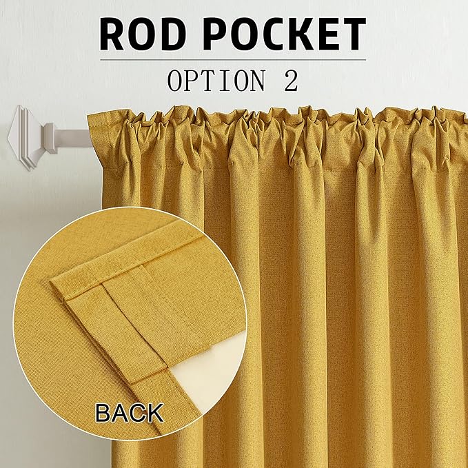DUALIFE Yellow Linen Full Blackout Curtains 108 Inch Length 2 Panels Set for Living Opaque Privacy Back Tab Thermal Insulated 100% Black Out Room Darkening 9ft Window Curtain Drapes 108 Inches Long