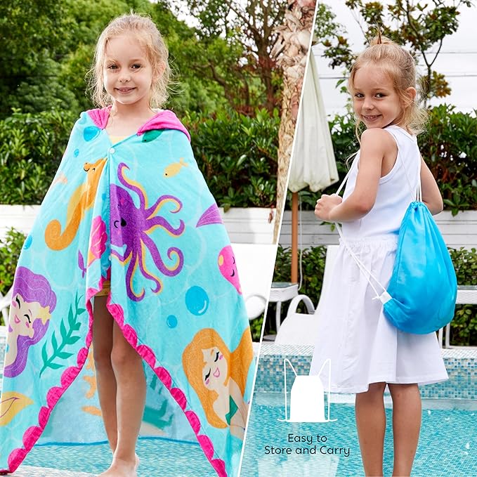 Joiedomi Mermaid Hooded Towels for Kids Soft 100% Cotton Kids Beach Towel 30" x 50" for 3-10 Years Boy Girl Beach Hooded Poncho Absorbent Pool Toddler Swim Bath Wrap