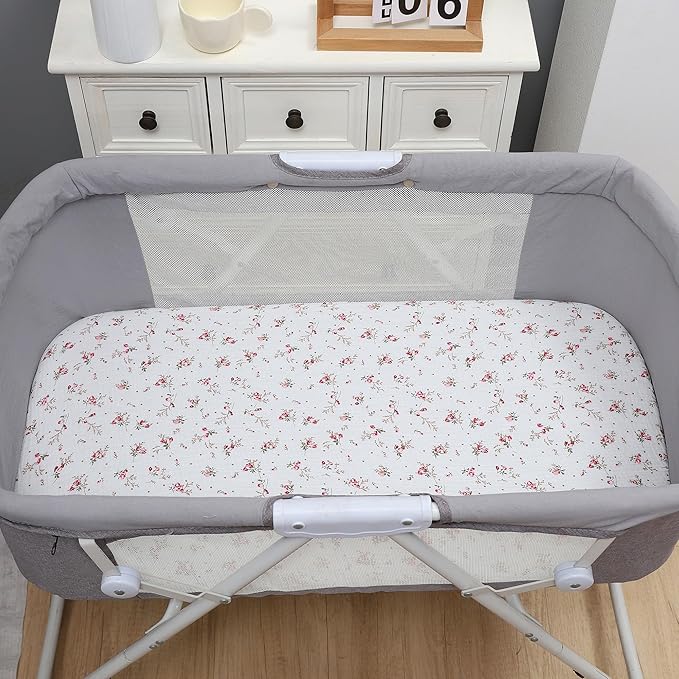 Onacosht Muslin Bassinet Sheets 3 Pack, 100% Cotton Baby Sheet 35" X 20" Compatiable with AMKE 3 in 1 Bassinets, MiClassic, Uiuwoo, Foalom, YADAQE, Milliard and TCBunny Bassinet, Pink and Floral