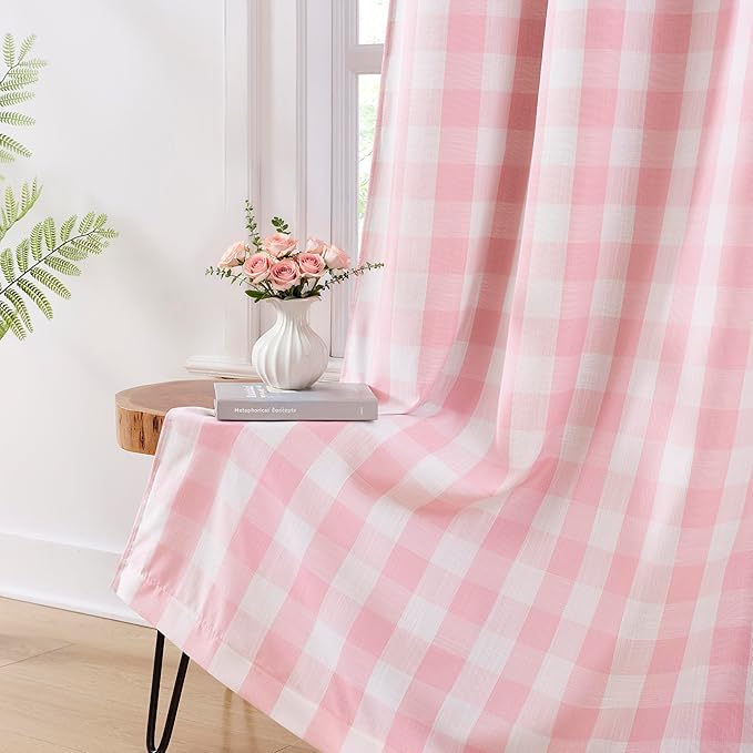 Amzdecor Buffalo Plaid Full Blackout Curtains Checkered GEO Thermal Insulated Energy Efficient Drapes Grommet 2 Layers Window Treatment for Girls Room Bedroom Living Room,2 Panels,40"x90",Pink & White