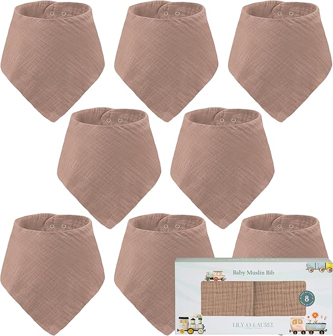 LILY O LAUREL Muslin Baby bibs for drooling and teething, 100% cotton, Bibs for baby girl, Muslin bibs for boys (8 Pack)