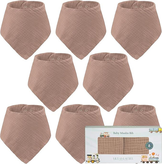 LILY O LAUREL Muslin Baby bibs for drooling and teething, 100% cotton, Bibs for baby girl, Muslin bibs for boys (8 Pack)