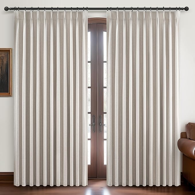 Curtains 100 Inch Length Extra Wide Pinch Pleated Blackout for Sliding Glass Door/Living Room, Farmhouse Natural Linen Thick Boho Bedroom Heavy Duty Insulated Large Window Drapes (100"Wx92"Lx2Panels)