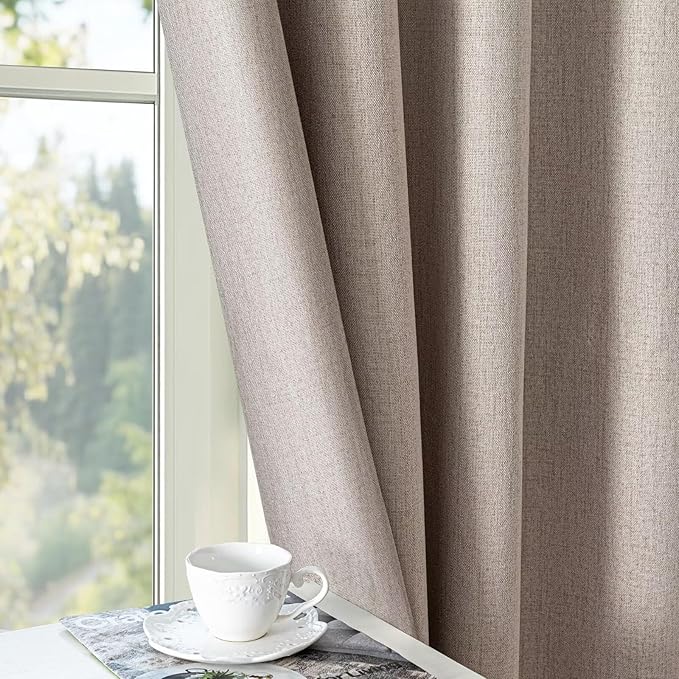 100% Blackout Curtains 108 inch Length 2 Panels Faux Linen Long Drapes for Bedroom Living Room Black Out Room Darkening Curtain Thermal Insulated Back Tab Rod Pocket(W52 x L108, Beige)