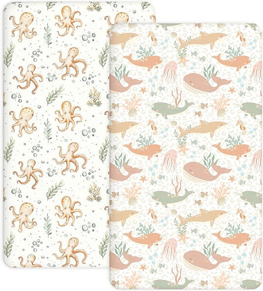 Pack and Play Sheets 2 Pack, Fitted Jersey Knit Mini Crib Sheets for Baby Boys and Girls, Compatible with Graco Pack N Play and Mini Crib Mattress (Aqua Wonders, Pack N Play/Mini Crib Sheets)