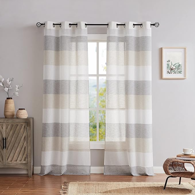 Central Park Gray Tan Stripe Sheer Color Block Window Curtain Panel Linen Window Treatment for Bedroom Living Room Farmhouse 108 inches Long with Grommets, 2 Panel Rustic Drapes