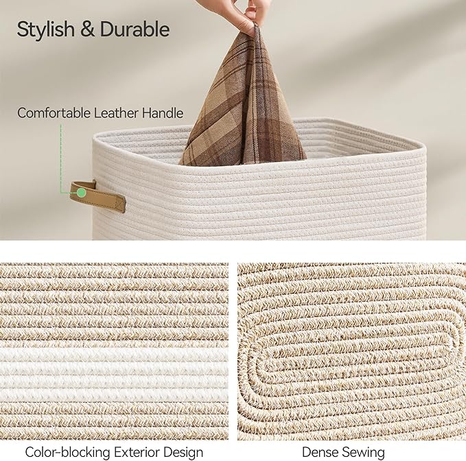 87L Laundry Hamper,Laundry Basket with Leather Handles,Woven Storage Basket for Toys,Pillows,Blankets,Clothes,Brown&White