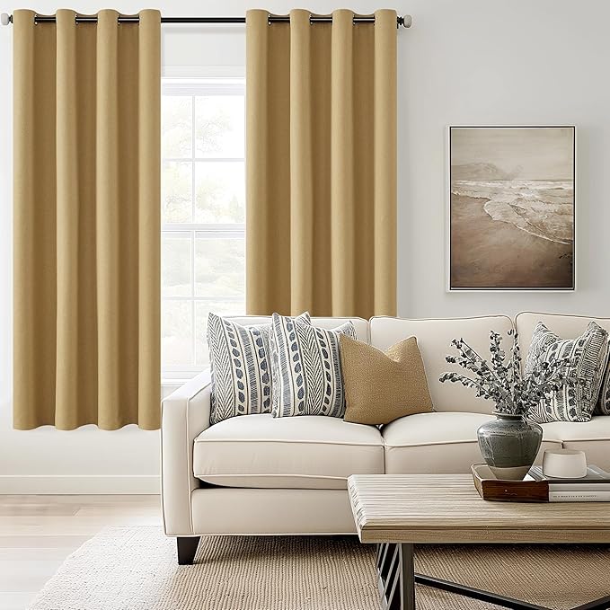 ChrisDowa 100% Blackout Mustard Yellow Solid Curtains 72 Inches Long 2 Panels for Bedroom Living Room,Farmhouse Room Darkening Thermal Insulated Soundproof Grommet Top Window Treatment Drapes,52x72